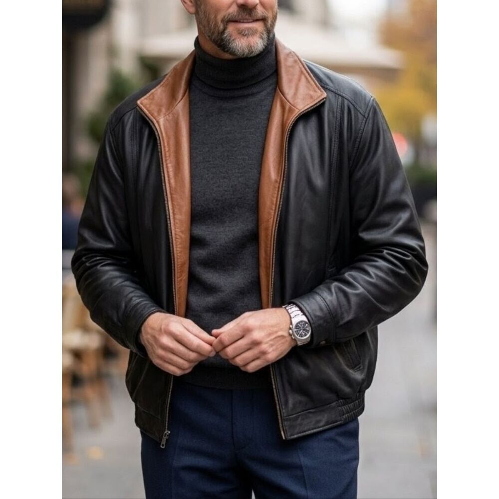 Remy Rochester Big & Tall Lambskin Leather Bomber Jacket 2XL Black & Brown